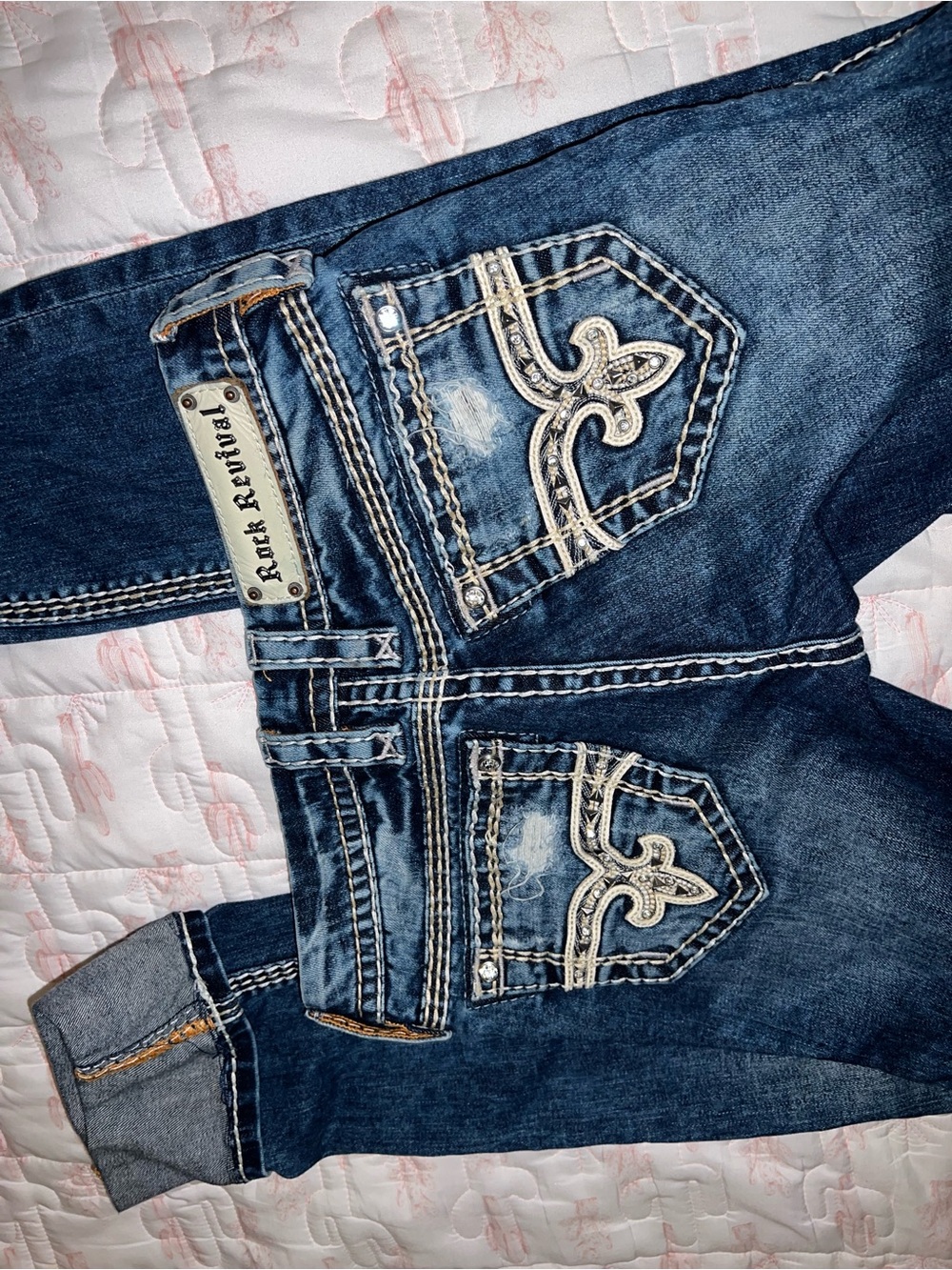Rock Revival Dark Blue Embroidered Back Pocket cuffed straight